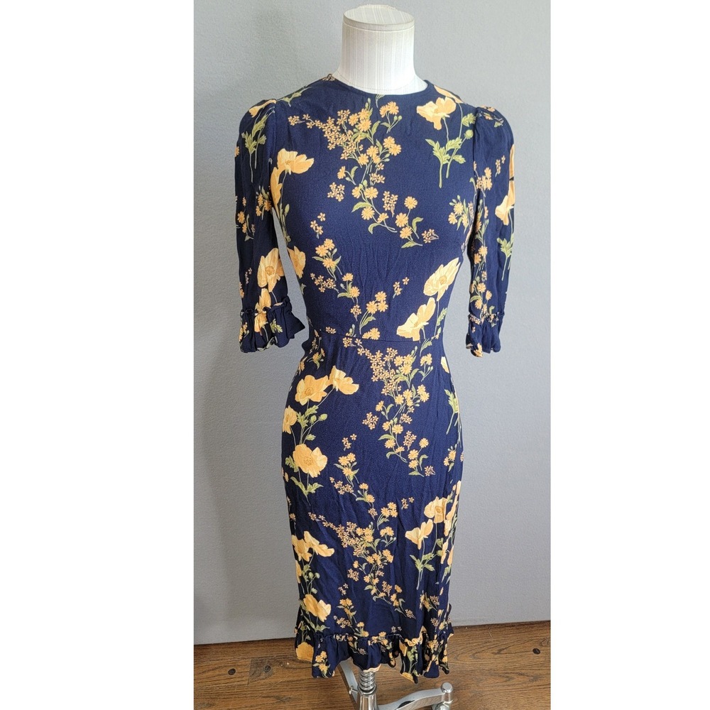 Reformation Hansel Midi Dress 2 Navy Blue Floral Ruffle Hem Women Dark Romantic